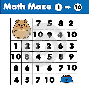 Maze game, animals theme. Kids activity sheet. Mathematics labyrinth with numbers. Counting from one to ten