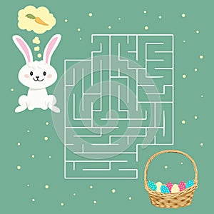 Maze game, bunny with carrot and a basket of Easter eggs. Children\'s educational puzzle.