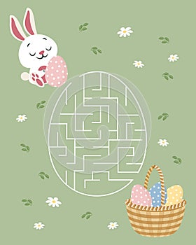 Maze game, bunny with an egg and a basket of Easter eggs. Children\'s educational puzzle. Illustration