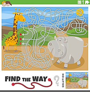 maze game with cartoon giraffe and hippopotamus animals