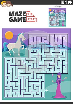 maze game with cartoon unicorn and witch fantasy characters