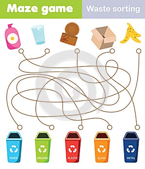 Maze game for children. Connect waste and trash bin. Waste sorting theme activity for toddlers and kids