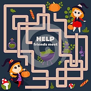 Maze game for children Help the witches meet. A Halloween game with a cute character. Worksheet for kindergartens.