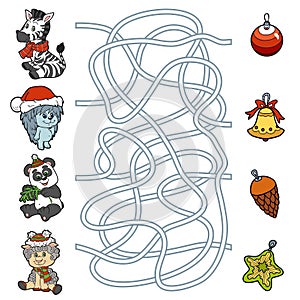 Maze game for children: little animals and Christmas decorations