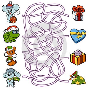 Maze game for children: little animals and Christmas gifts