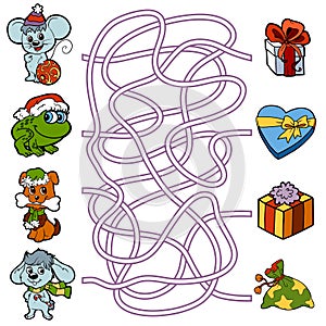 Maze game for children: little animals and Christmas gifts photo
