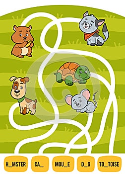 Maze game for children. Set of domestic animals