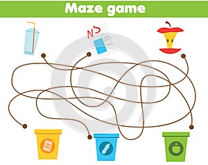 Maze game for children. Waste sorting theme. Sort garbage by type. Educational activity for kids and toddlers