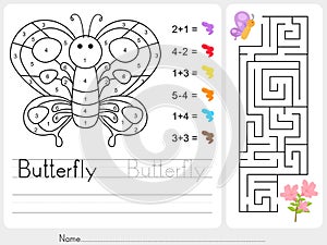 Maze game, Color by numbers - Worksheet for education