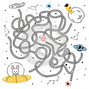 Maze game. Doodle tangled path of rabbit flying in space to alien planet. Funny cartoon hare in spaceship looking for