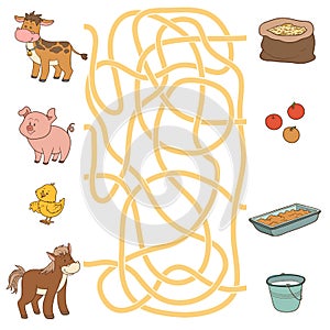 Maze game (farm animals and food). Cow, pig, chicken, horse