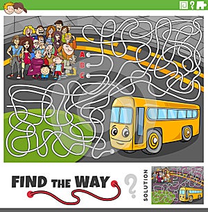 maze game with funny cartoon people group and bus