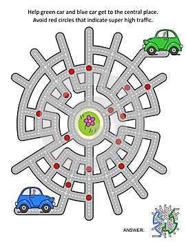 Maze game for kids and adults: Help cars get to the central place. Answer included.