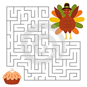 Maze game for kids. Cute pilgrim turkey looking for a way to the pumpkin pie. Bird animal character wearing a pilgrims