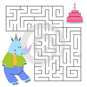 Maze game for kids. Fun rhinoceros looking for a way to the cake. Cute rhino. Printable worksheet.
