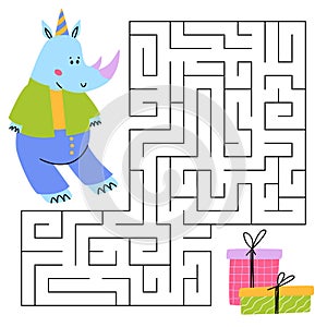 Maze game for kids. Fun rhinoceros looking for a way to the gift box. Cute rhino. Printable worksheet.