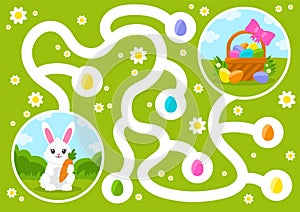 Maze game for kids. Help the Easter bunny collect all the eggs in the basket. Labyrinth for children. Flat vector illustration