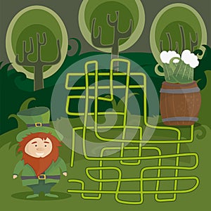 Maze game for kids. Help red Leprechaun to find his way to the green beer.