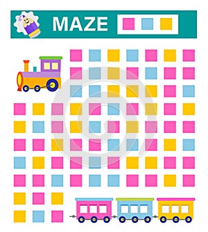 Maze game for kids. Help to find the cars of the train. Vector illustration