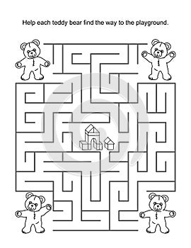 Maze game for kids with teddy bears and playground