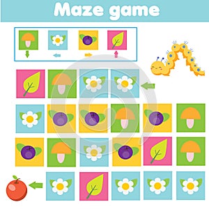 Maze game. Labyrinth with navigation. Help caterpillar find apple