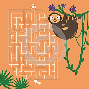 Maze game Labyrinth Sloth vector illustration. Colorful puzzle for kids