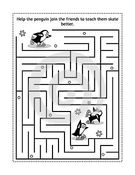 Maze game with penguins learning to ice skate