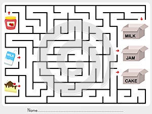 Maze game: Pick jam, milk and cake to box