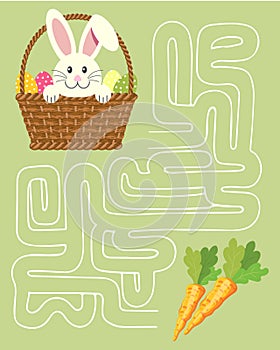 Maze game, rabbit in a basket of Easter eggs and carrots. Children\'s educational puzzle. Illustration vector