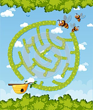 Maze game template in honeybee theme for kids