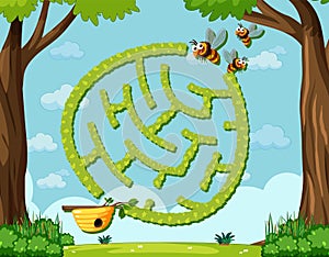 Maze game template in honeybee theme for kids