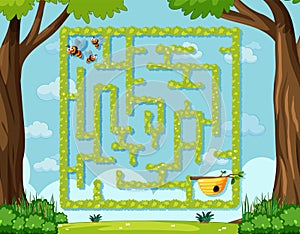 Maze game template in honeybee theme for kids