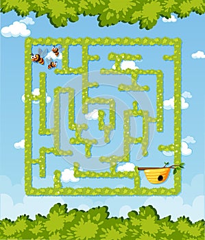 Maze game template in honeybee theme for kids