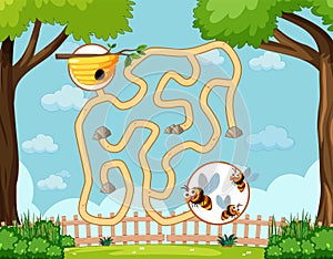 Maze game template in honeybee theme for kids