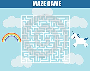 Maze game. Unicorn in labyrinth seeking for rainbow