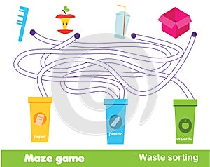 Maze game: waste sorting. Put trash into garbage bins. Ecology theme activity for children and kids