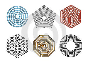 Maze game. Way out puzzle. Mental exercise. Polygonal and round labyrinths. Kids graphic logic task with right path and