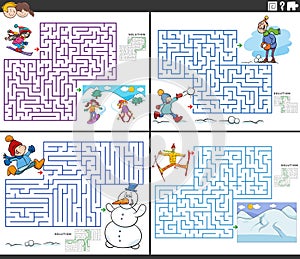 maze games set with cartoon people characters on winter time