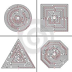 Maze games. Set of vector puzzles, different shapes. Finding the way to the exit