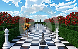 Maze garden 3d render illustration. Chess, golden flamingo, trees with red flowers and clouds in the sky. Alice in wonderland