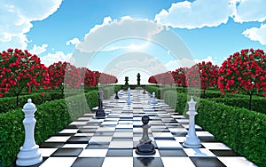 Maze garden 3d render illustration. Chess, trees with red flowers and clouds in the sky. Alice in wonderland theme