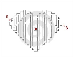 Maze with heart shape with two entries and two ways to one goal. Valentines day maze, made in vector