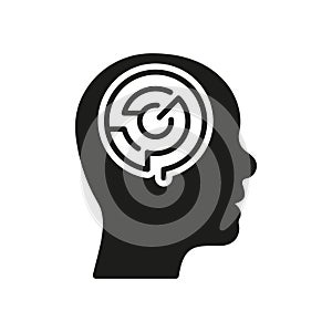 Maze in Human Head, Logical Thinking Silhouette Icon. Mental Circle Labyrinth Glyph Pictogram. Psychology Solid Sign