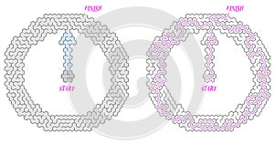 Maze inside a shape of the clock icon. Vector flat timekeeper with labyrinth inside. Nice style pattern for print, game