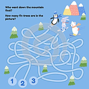 Maze for kids. Labyrinth. Cute animals skiing. Hare, white bear, pinguin. Who went down with mountain first. How many fir-trees on