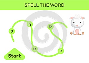 Maze for kids. Spelling word game template. Learn to read word sheep, printable worksheet. Activity page for study English.