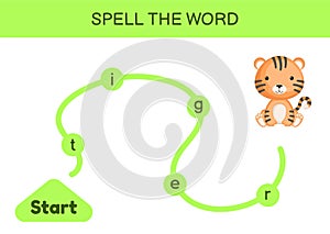 Maze for kids. Spelling word game template. Learn to read word tiger, printable worksheet. Activity page for study English.