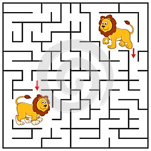 Maze or Labyrinth for Children with cartoon Lion. Find right way to the Friend. Answer under the layer. Square puzzle Game.