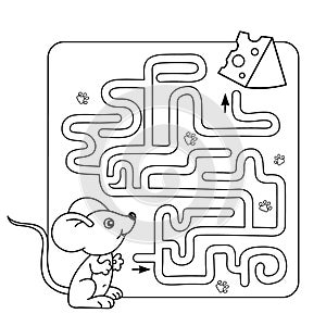 Maze or Labyrinth Game for Preschool Children. Puzzle. Coloring Page Outline Of little mouse with cheese