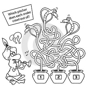 Maze or Labyrinth Game for Preschool Children. Puzzle. Tangled Road.  Coloring Page Outline Of Cartoon Fakir or snake Charmer with